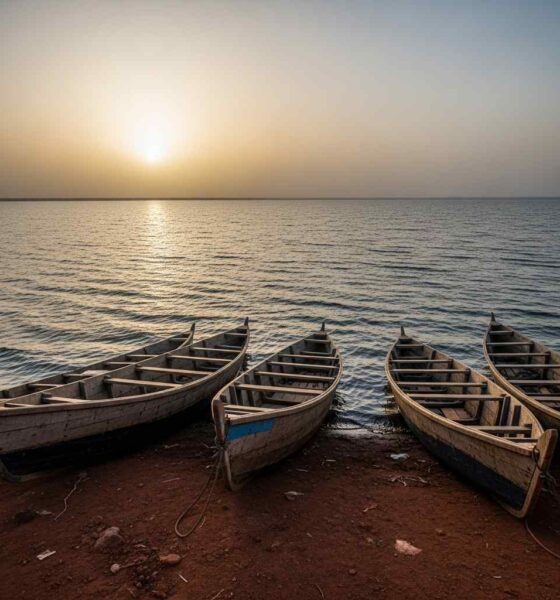 Traditional wooden boats on Lake Chad shore at dusk
