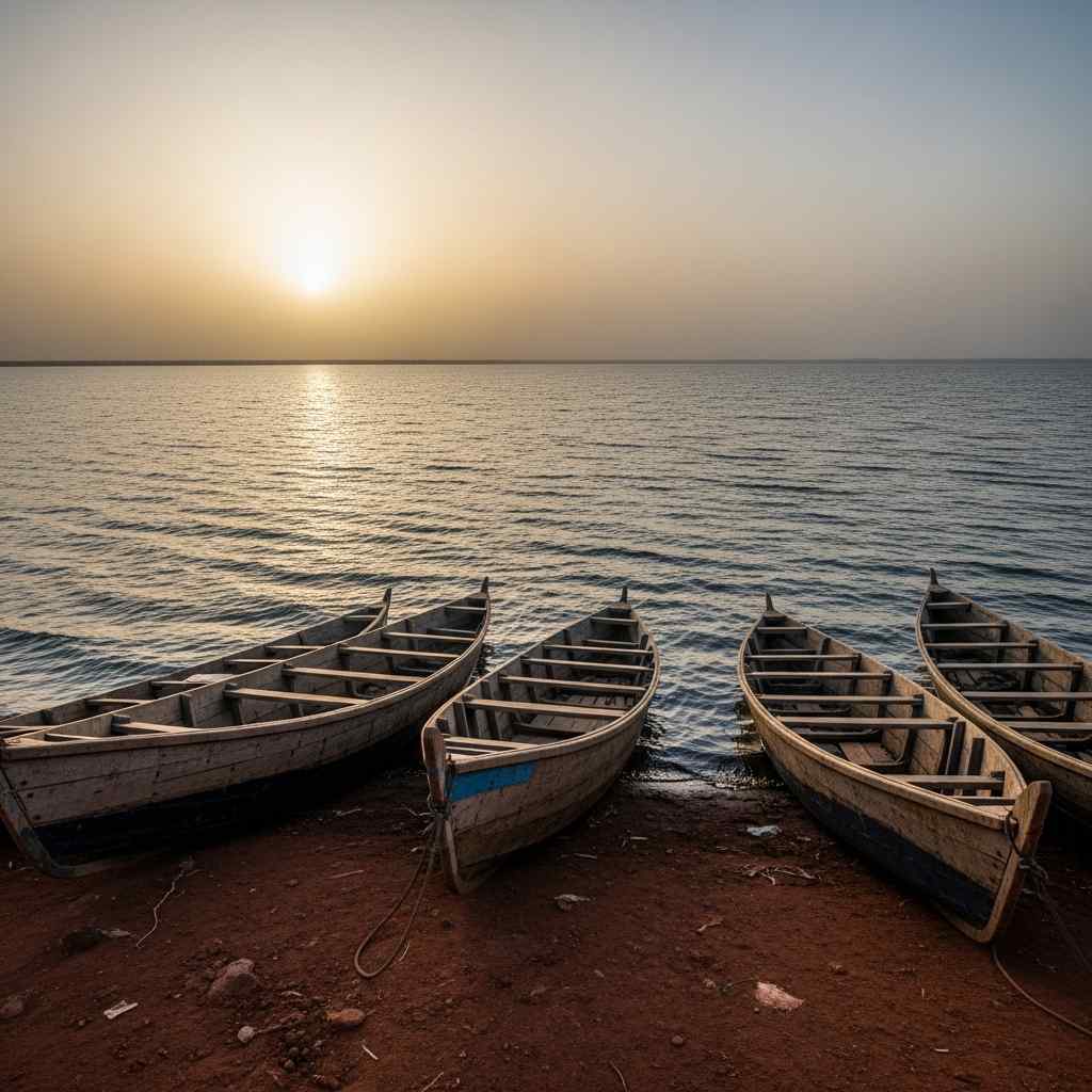 Traditional wooden boats on the shore of Lake Chad at dusk, with the vast lake fading into darkness.