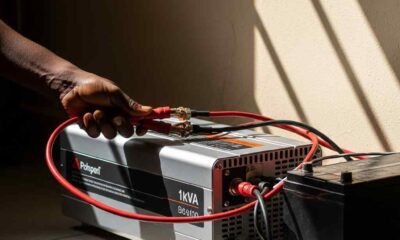 A hand adjusts a thick cable on a solar inverter unit sitting on a tiled floor sunlight