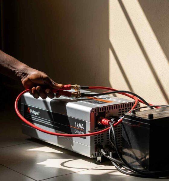 Hand adjusting cable on solar inverter unit on tiled floor