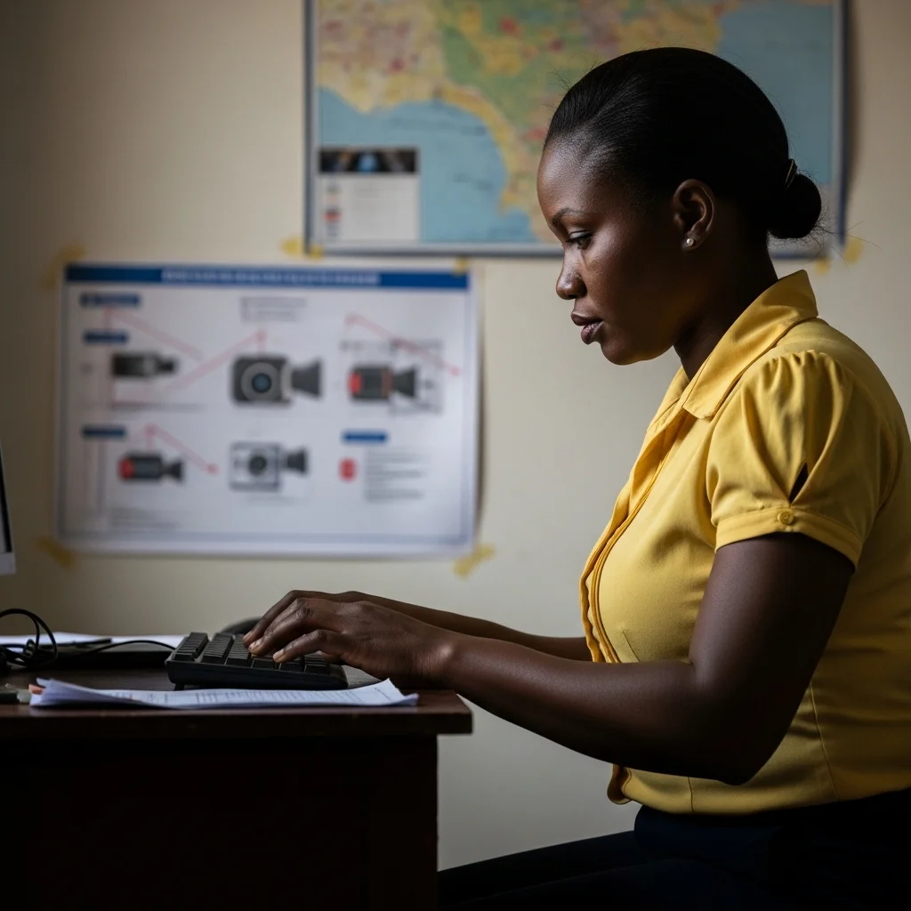 Woman types at keyboard; camera map in background.