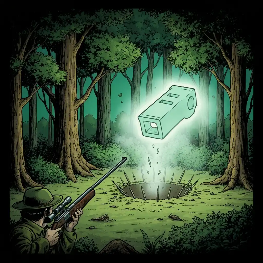 Forest, pit trap, mist whistle, rifle.