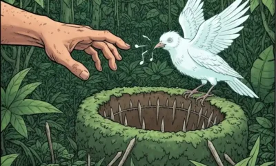 Hand reaches toward ghostly bird on a stake-filled trap in dense jungle.