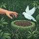 Hand reaches toward ghostly bird on a stake-filled trap in dense jungle.