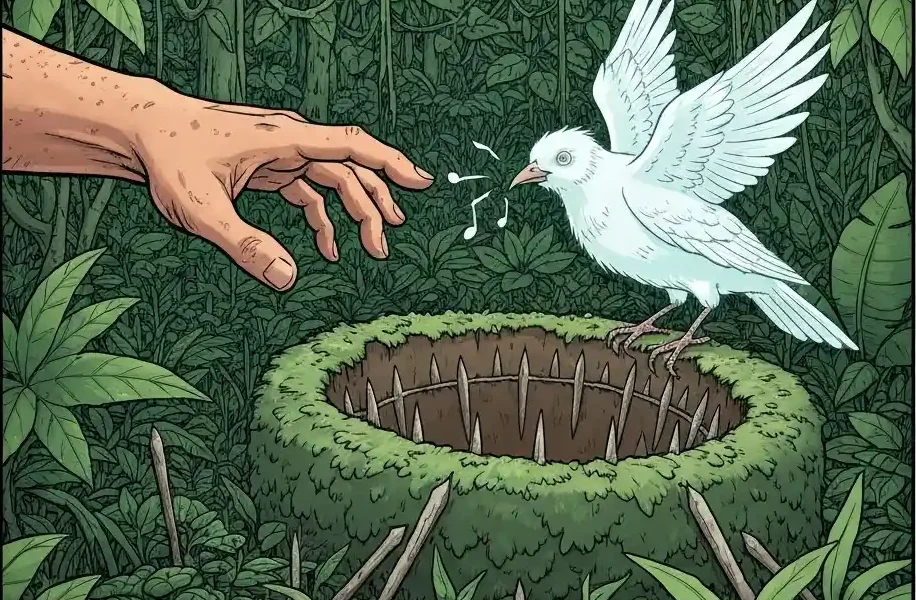 Hand reaches toward ghostly bird on a stake-filled trap in dense jungle.