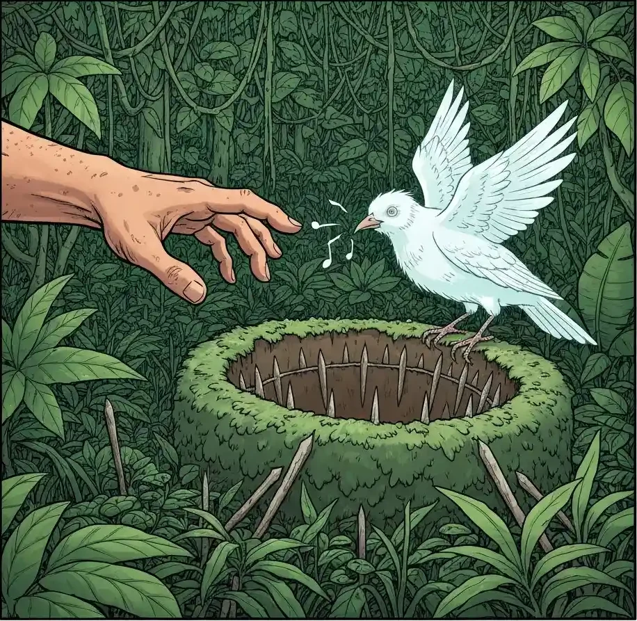 Hand reaches toward ghostly bird on a stake-filled trap in dense jungle.