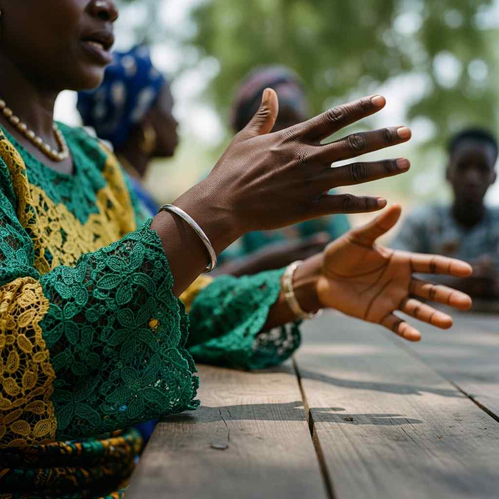 Close-up attire gesturing over a wooden table