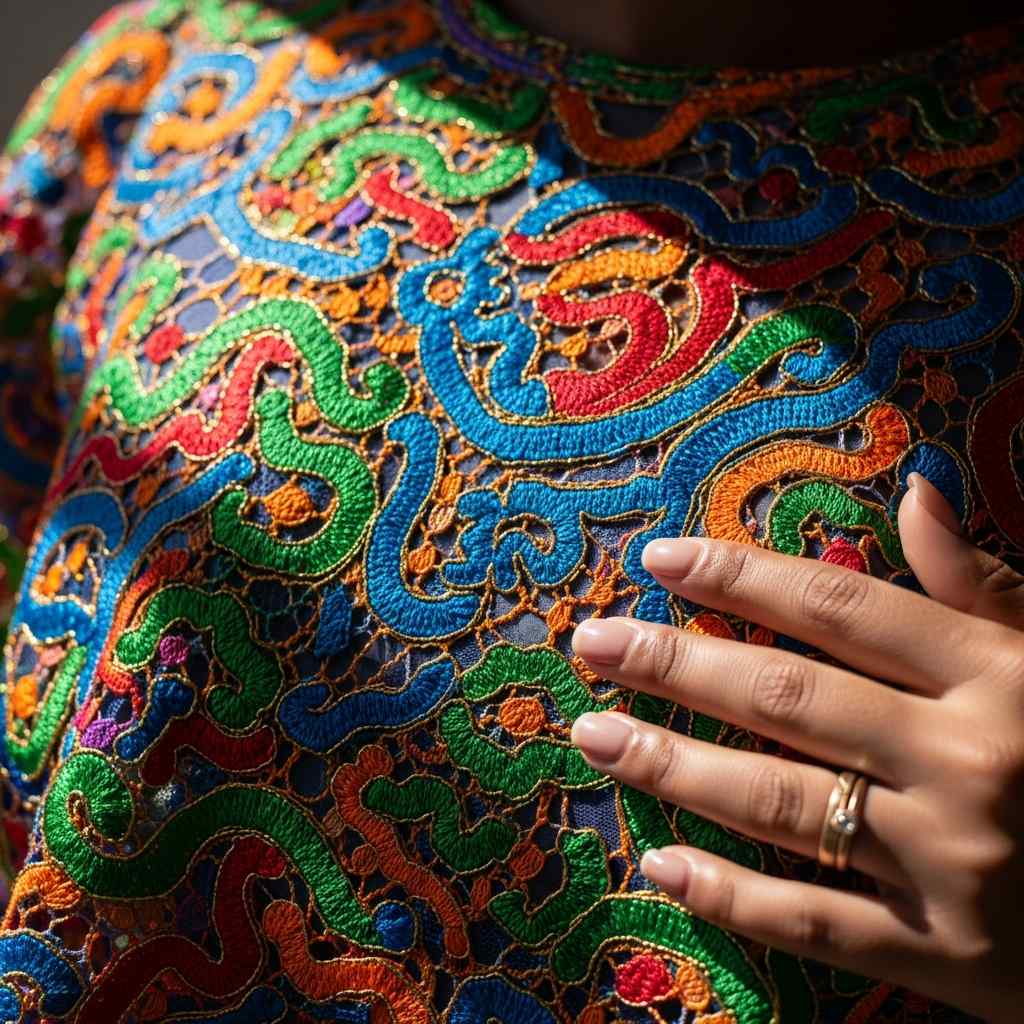 Close-up lace fabric with detailed embroidery and a hand resting on it