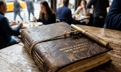 Close-up of a worn leather-bound travel journal in USA, New York
