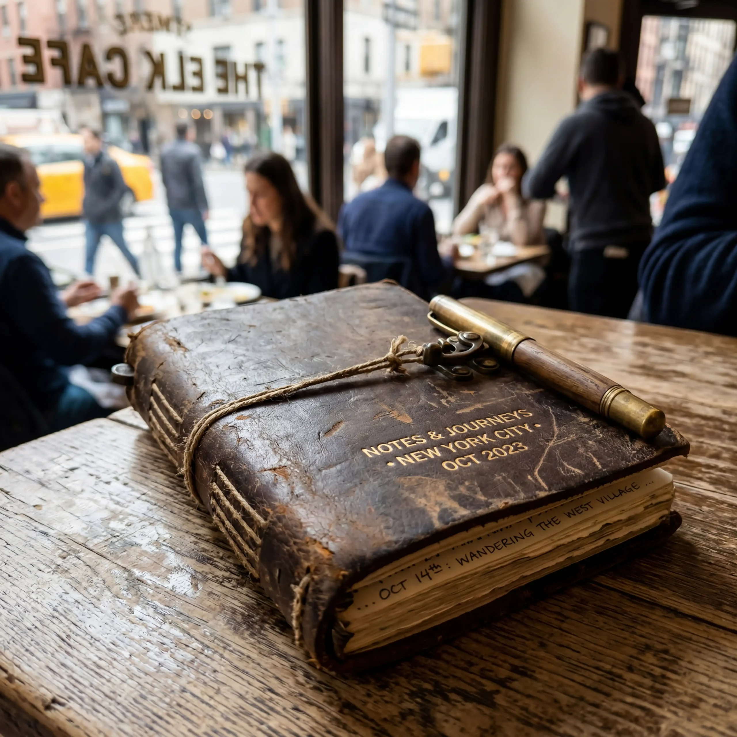 Close-up of a worn leather-bound travel journal in USA, New York