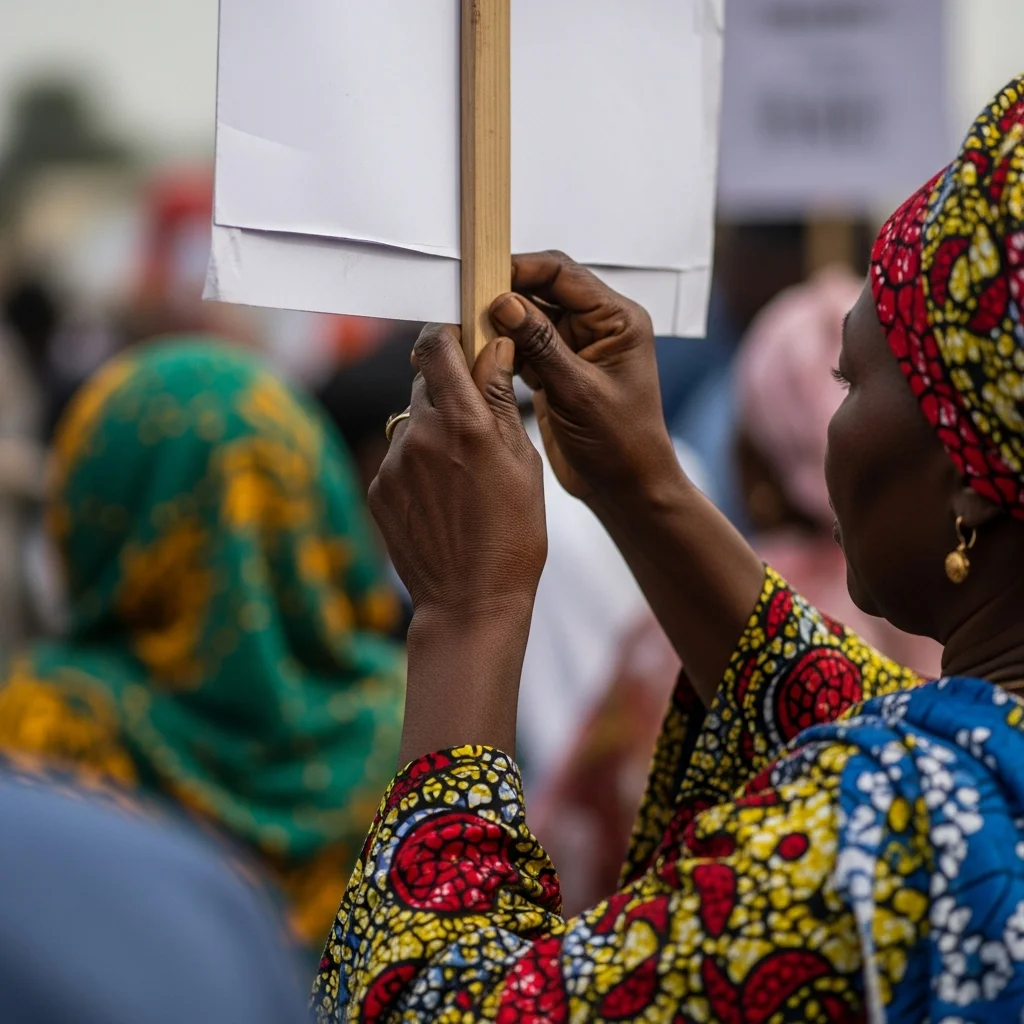 Woman adjusts SaveOurDemocracy protest sign.