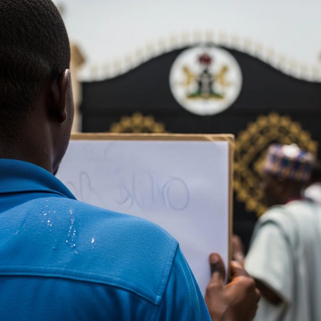 Protester with placard near INEC gate.