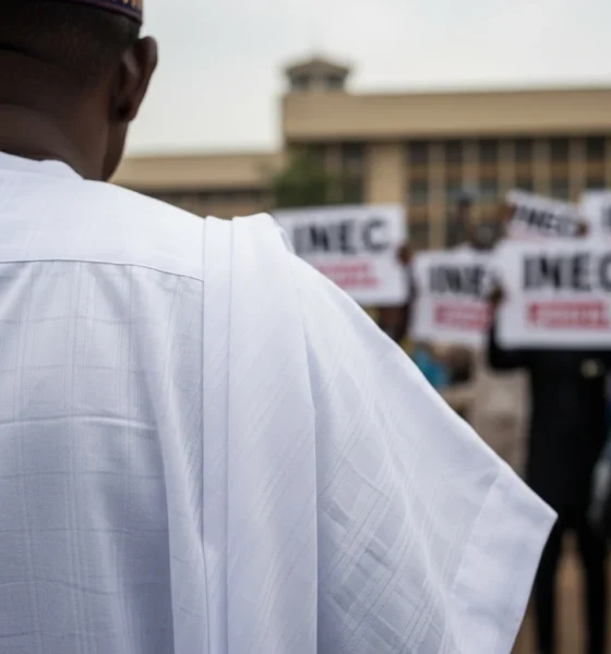 Man in white buba at Abuja protest.