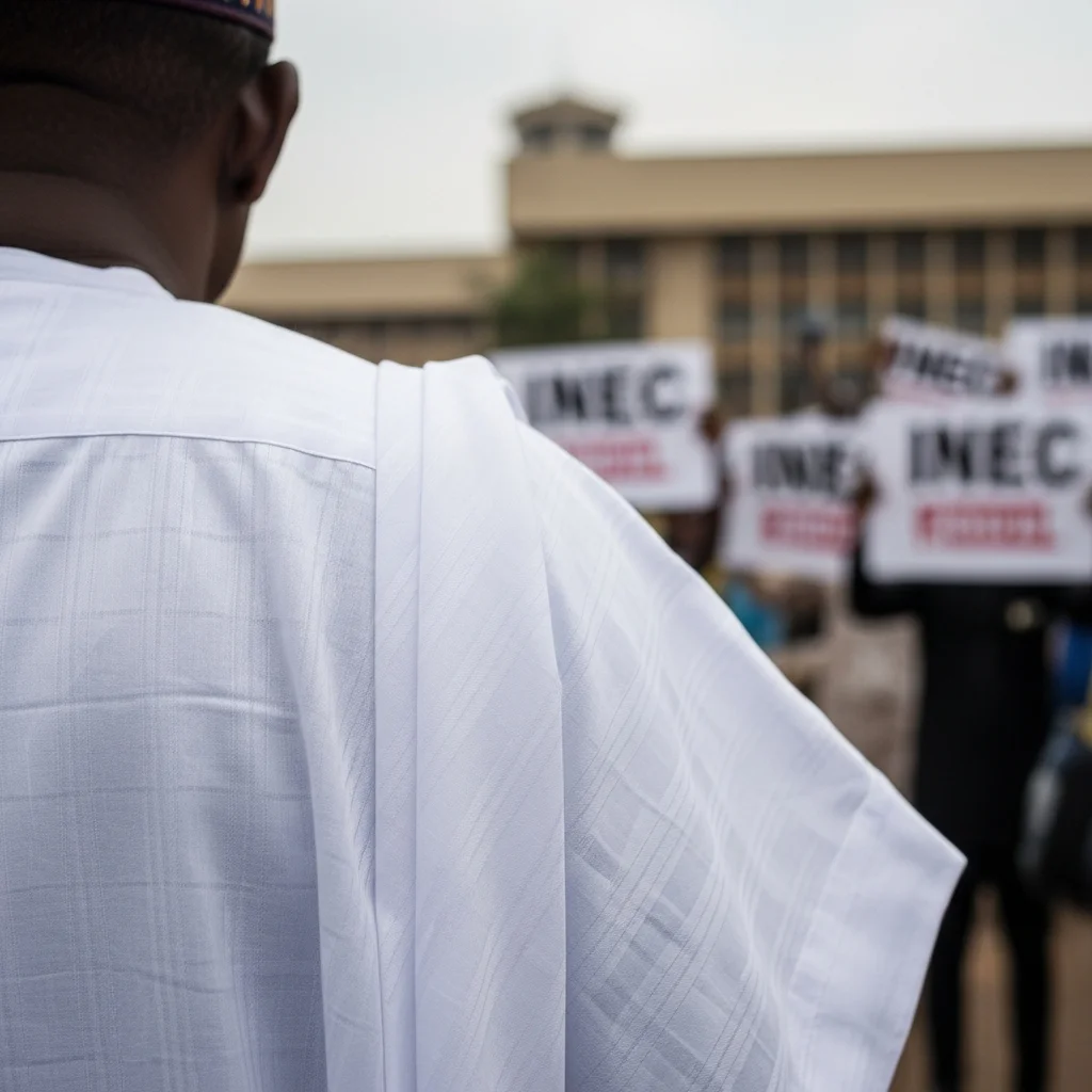 Man in white buba at Abuja protest.