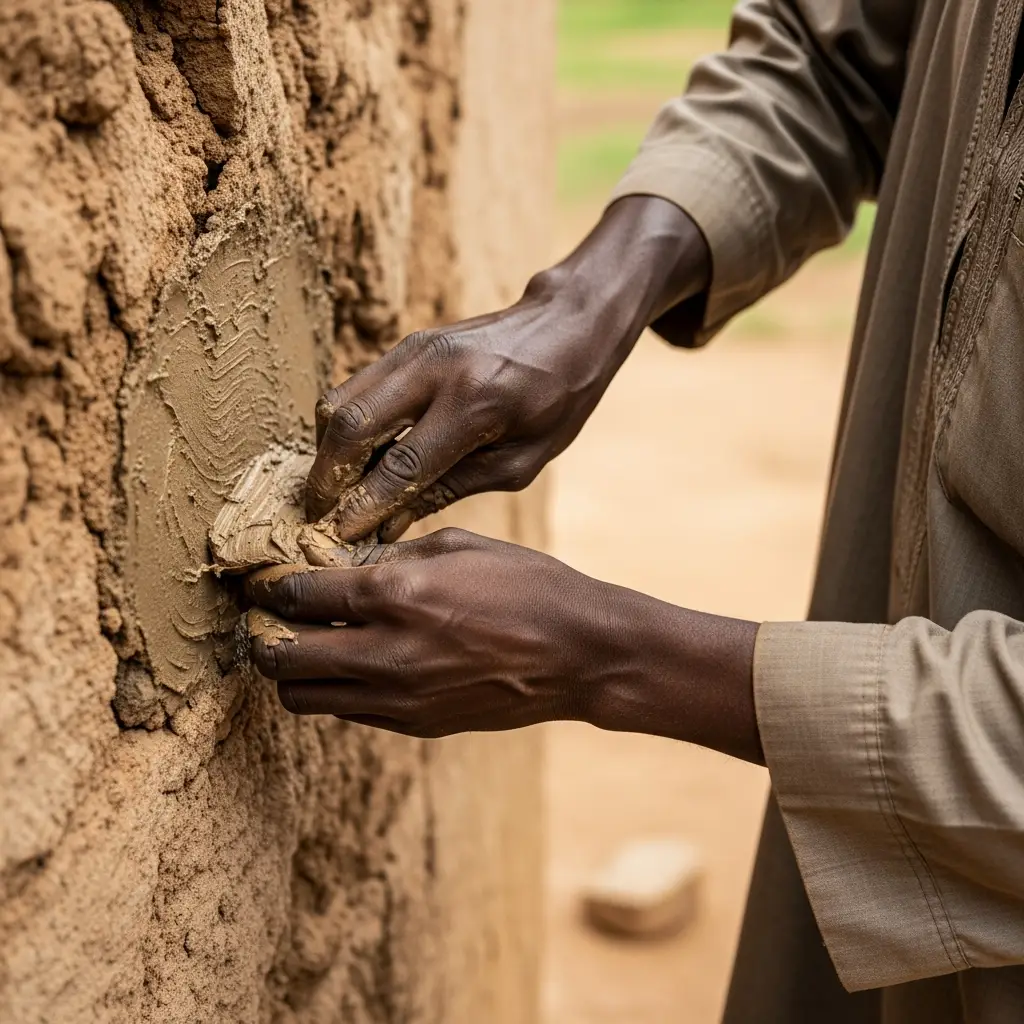 Hands apply mud to ancient Zaria wall. Boubou sleeve visible.