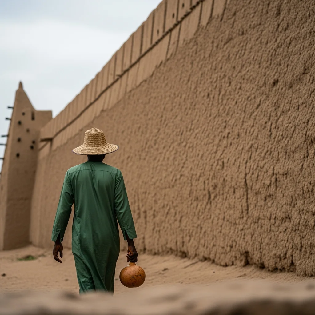Man walks away from old mud wall in Zaria Nigeria.