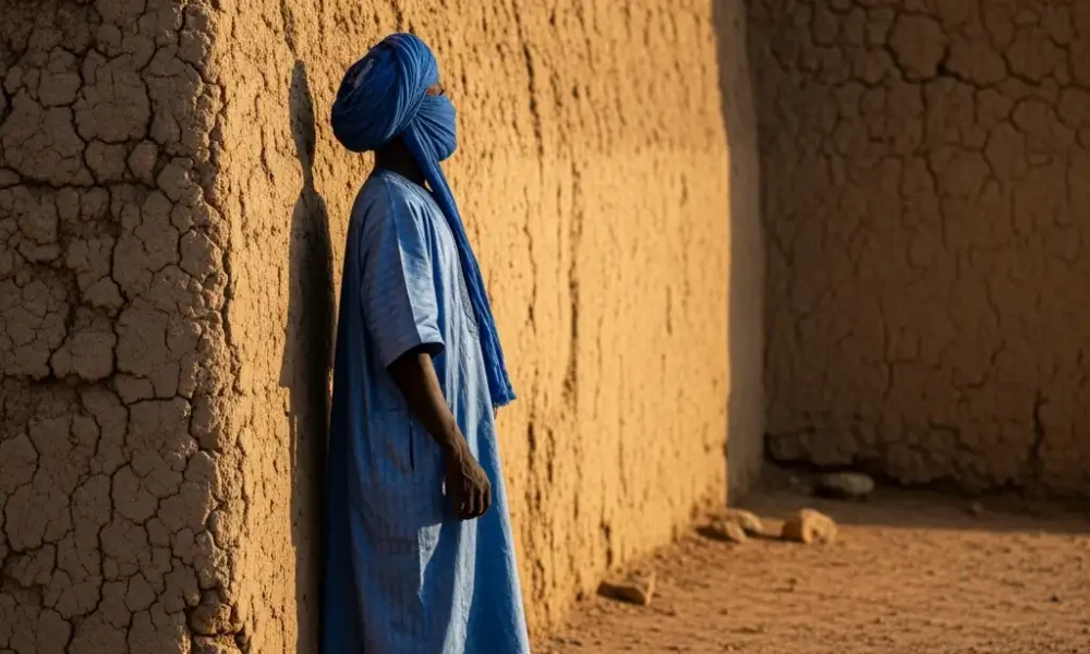Man in indigo robe by old mud wall.