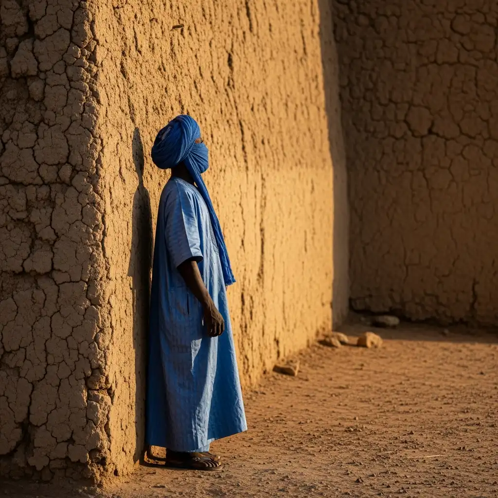 Man in indigo robe by old mud wall.