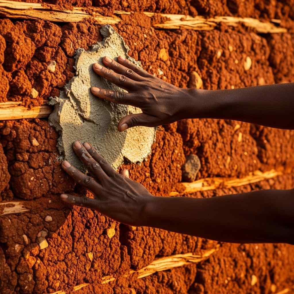 A weathered hand touches damp, fresh-looking clay on a textured red mud wall during early morning light