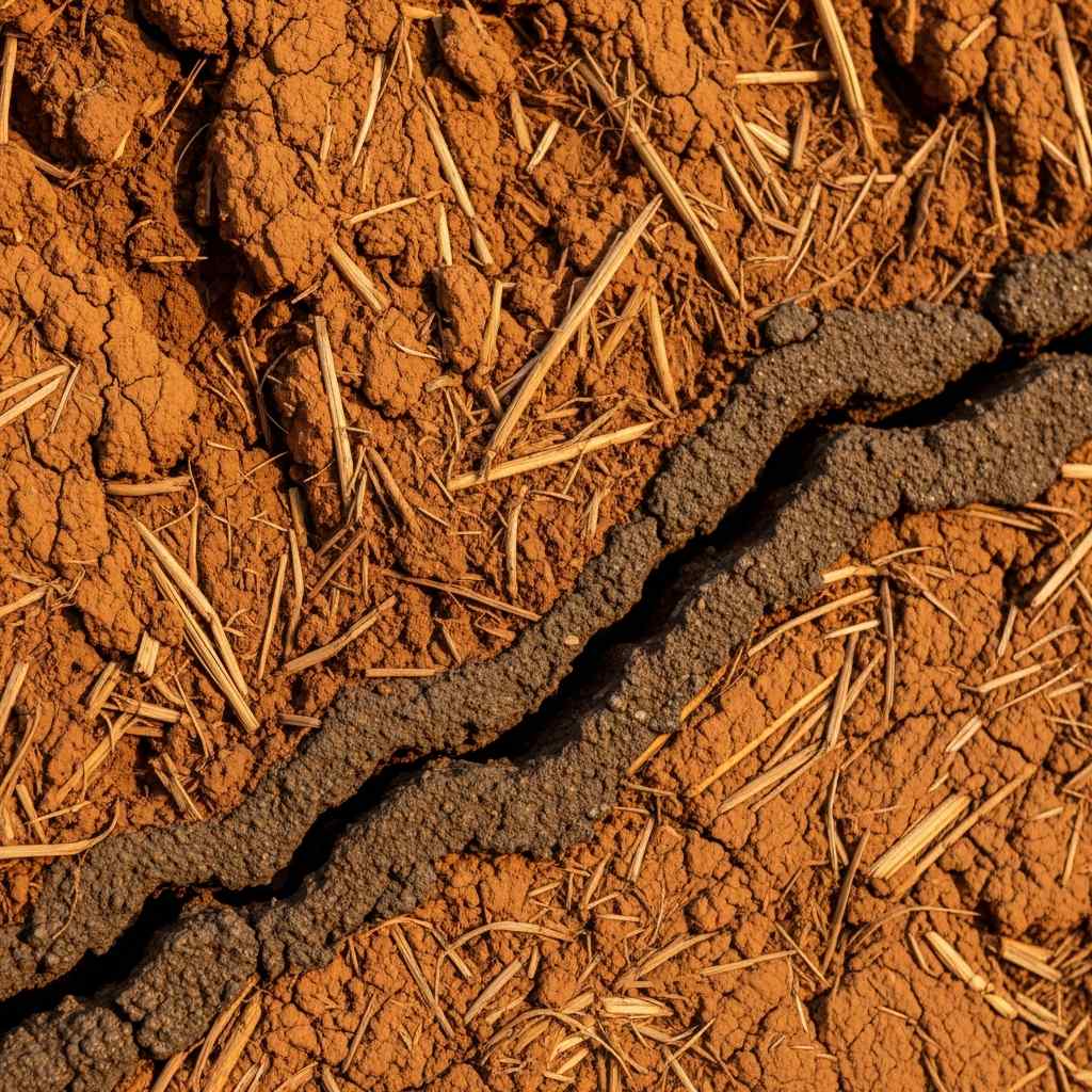 A close-up of dark, wet clay filling a crack in sun-dried red earth wall