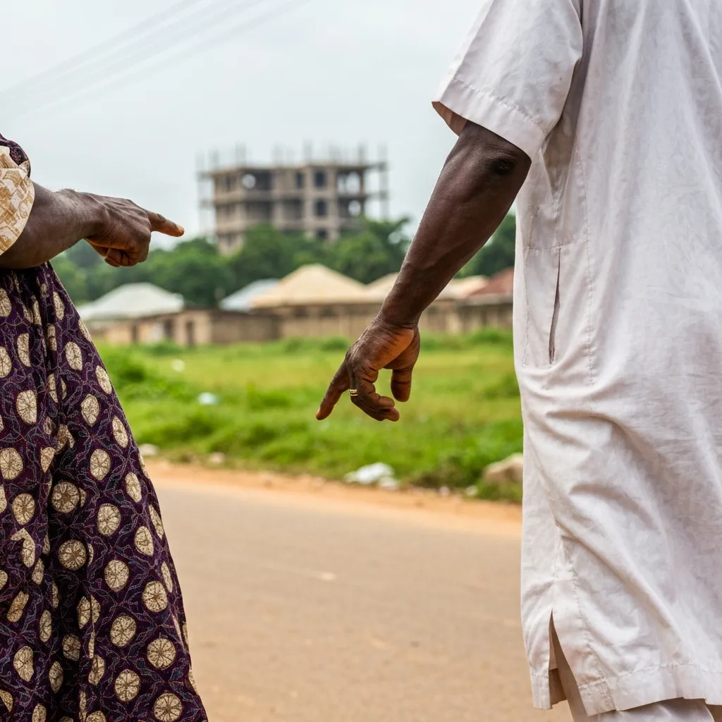 Man points toward building on dusty land in Nigeria.