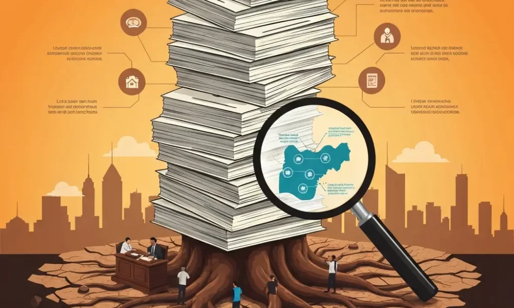 Documents stack over courtroom, roots below. Nigeria map & icons show verification steps.