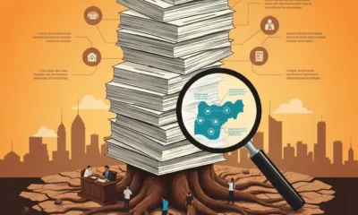 Documents stack over courtroom, roots below. Nigeria map & icons show verification steps.