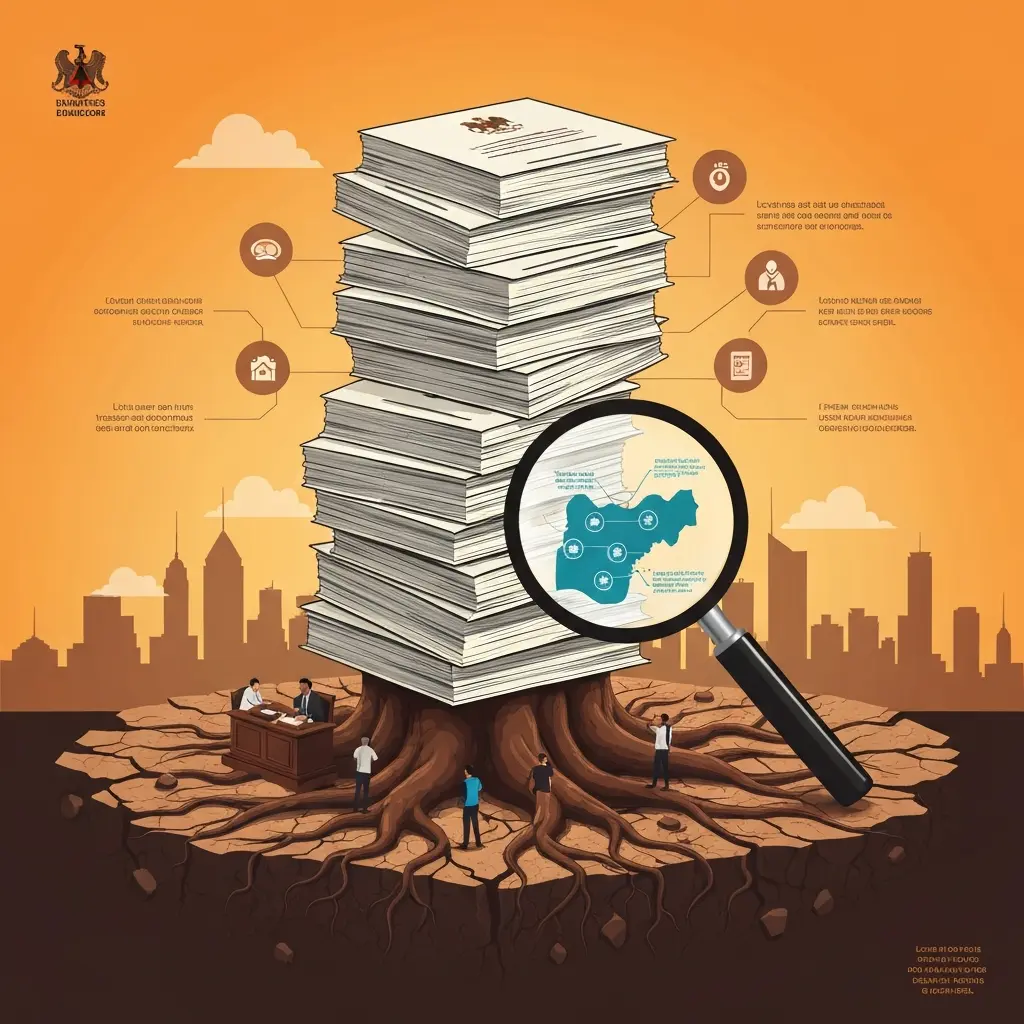 Documents stack over courtroom, roots below. Nigeria map & icons show verification steps.