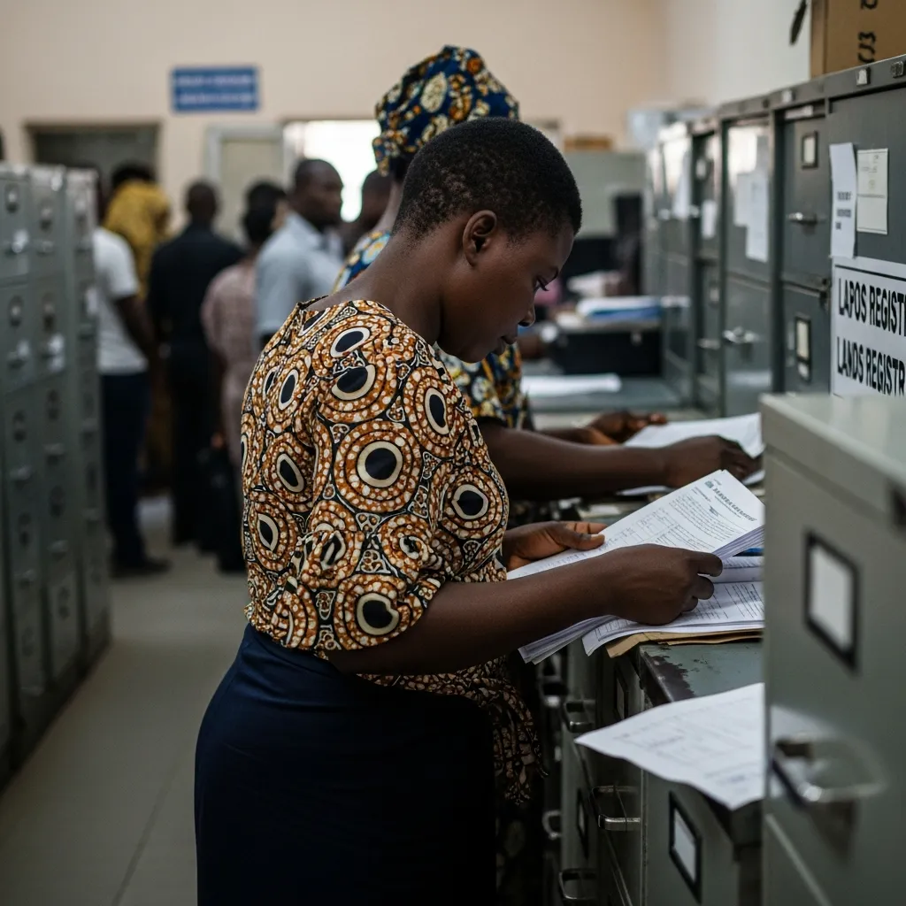 Person reviews documents at Lagos Lands Registry.