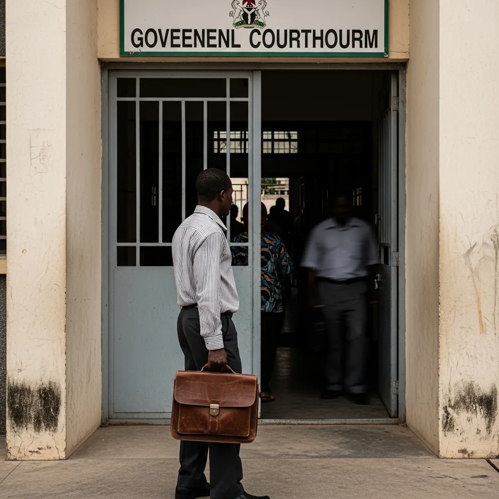 Man with briefcase outside Lagos courtroom.