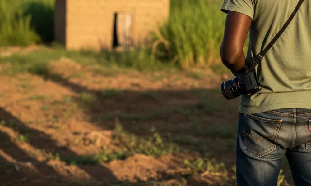 Man on land with shack. Ogun State.