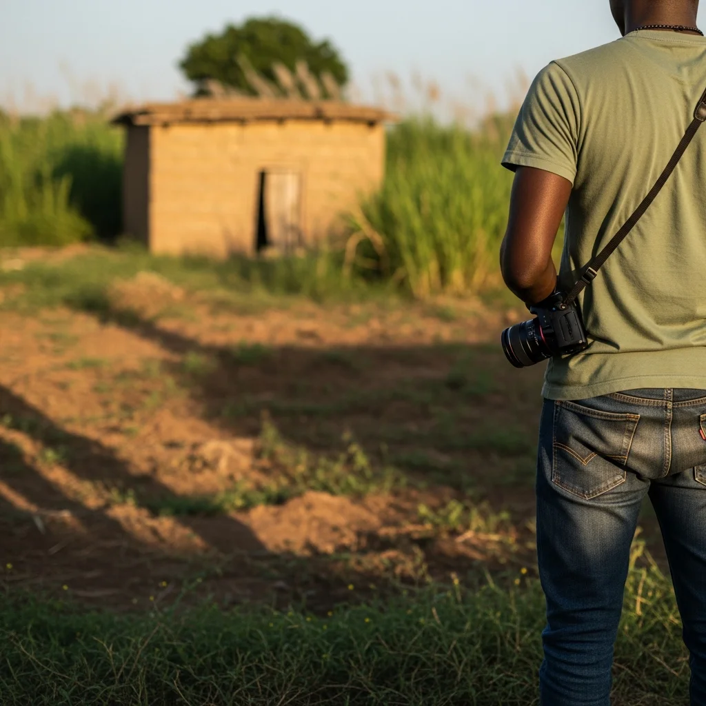 Man on land with shack. Ogun State.