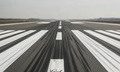 Close-up of cracked and repaired airport runway tarmac.