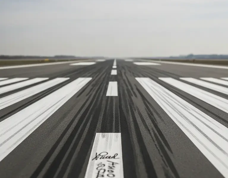 Close-up of cracked and repaired airport runway tarmac.