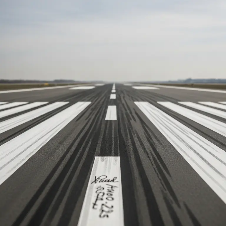 Close-up of cracked and repaired airport runway tarmac.