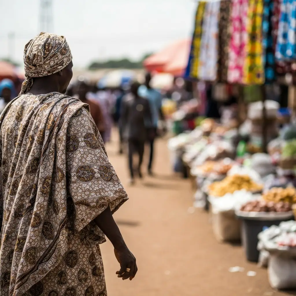 Person walks in busy market.