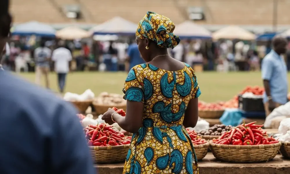 Woman views peppers at market.
