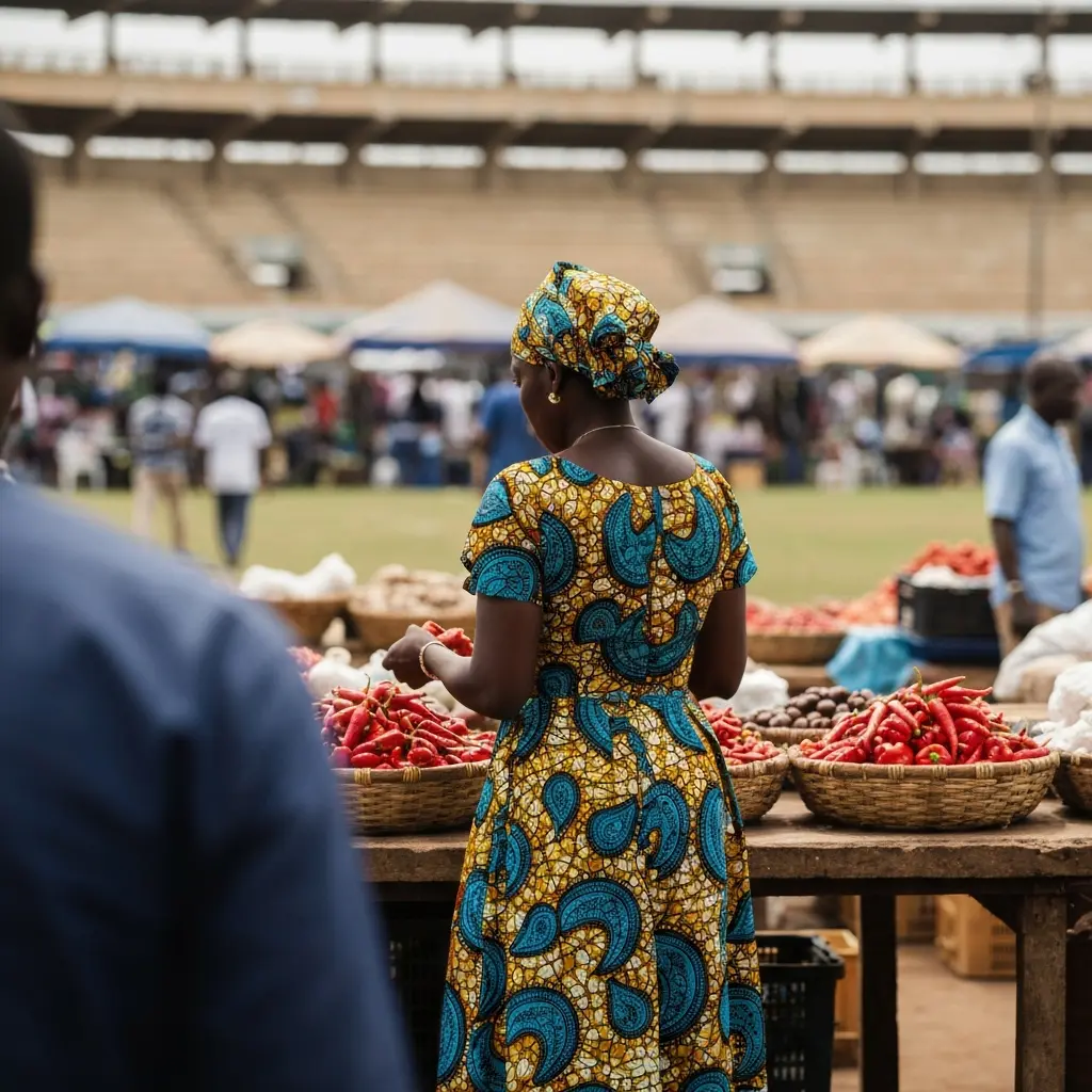 Woman views peppers at market.
