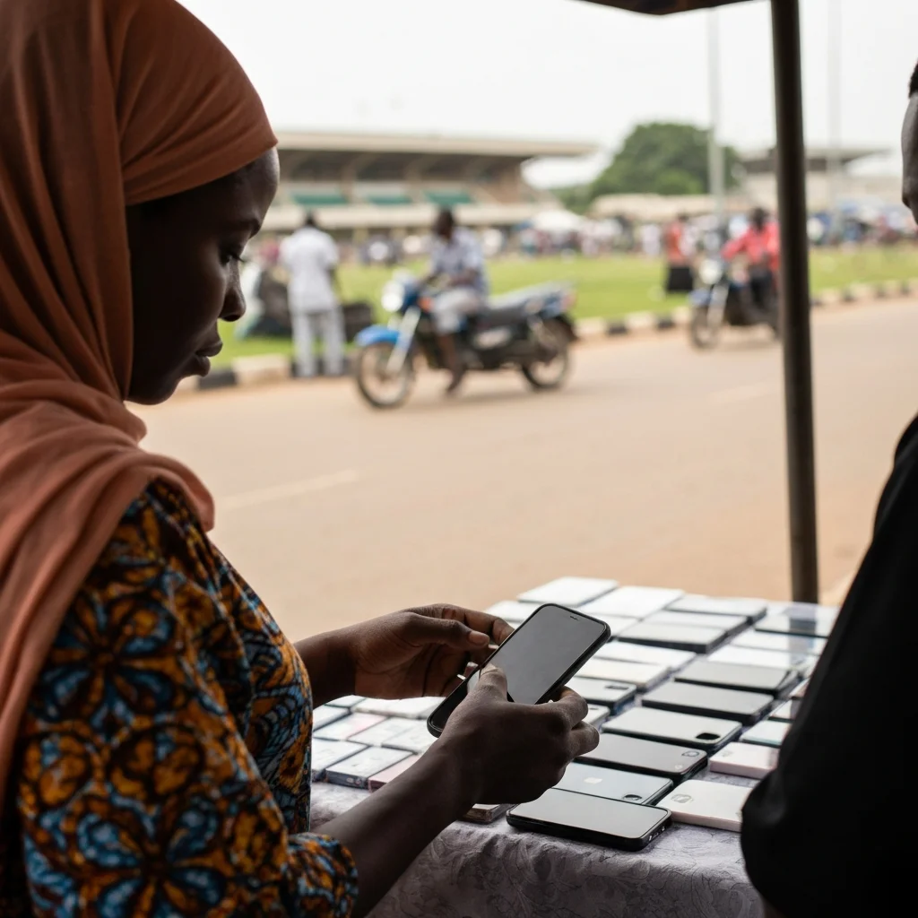 Woman checks phone case at outdoor vendor.