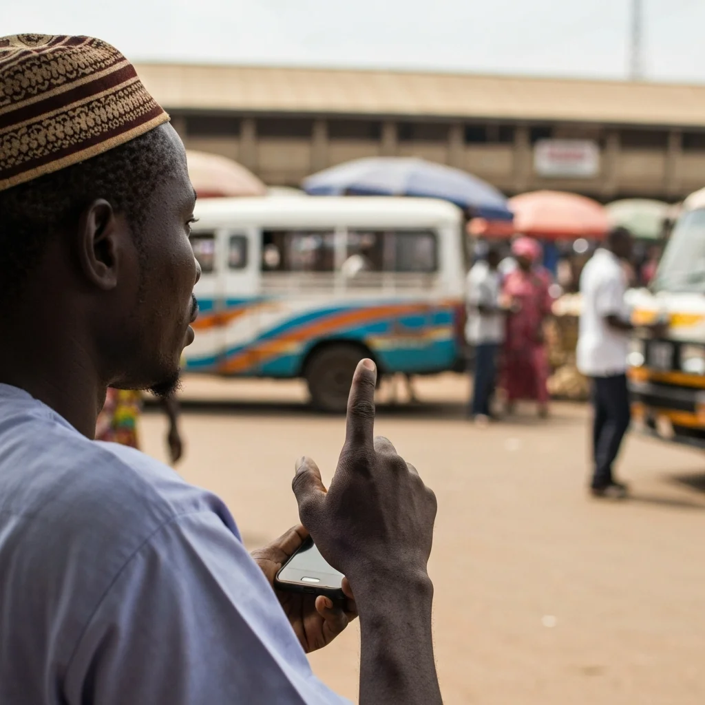 Hand holds phone. Market scene.