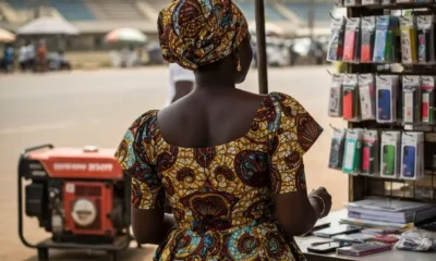 Woman stands near kiosk. Generator hums.