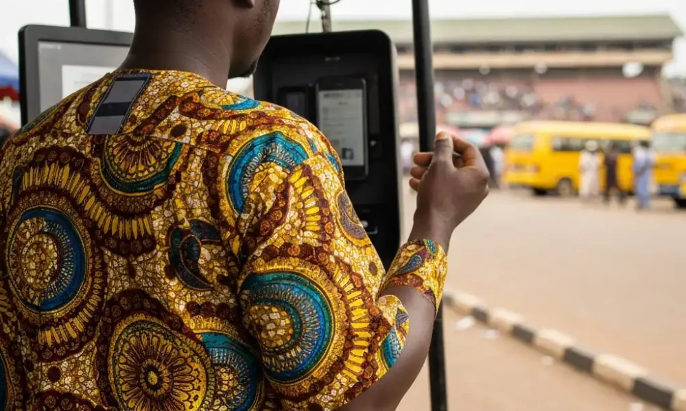 Man at phone kiosk in Lagos.