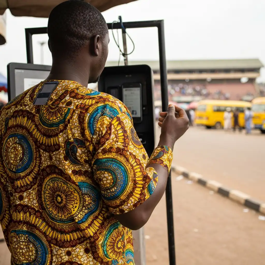 Man at phone kiosk in Lagos.