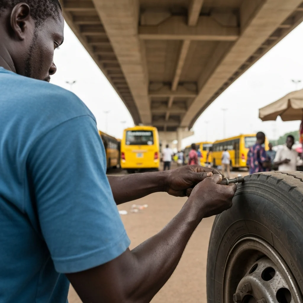 Mechanic works on tire.