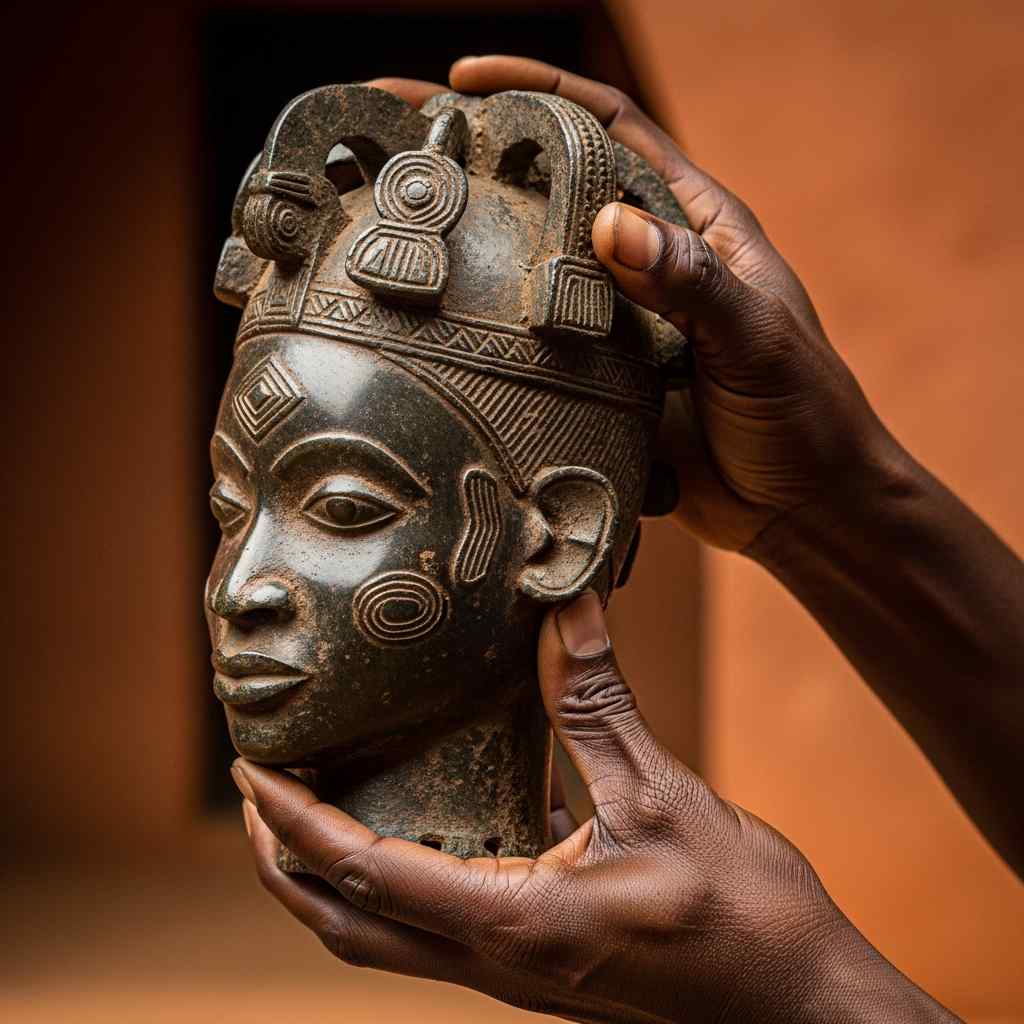 Close-up adjusting an intricate bronze sculpture against a red clay wall