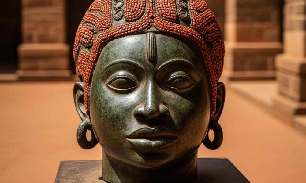 An intricate bronze sculpture head rests sunlit traditional courtyard