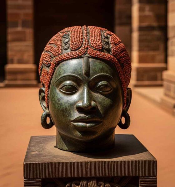 An intricate bronze sculpture head rests sunlit traditional courtyard