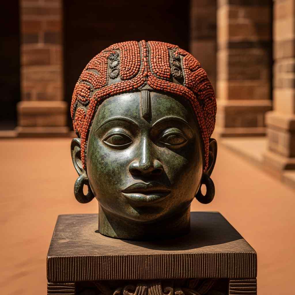 An intricate bronze sculpture head rests sunlit traditional courtyard