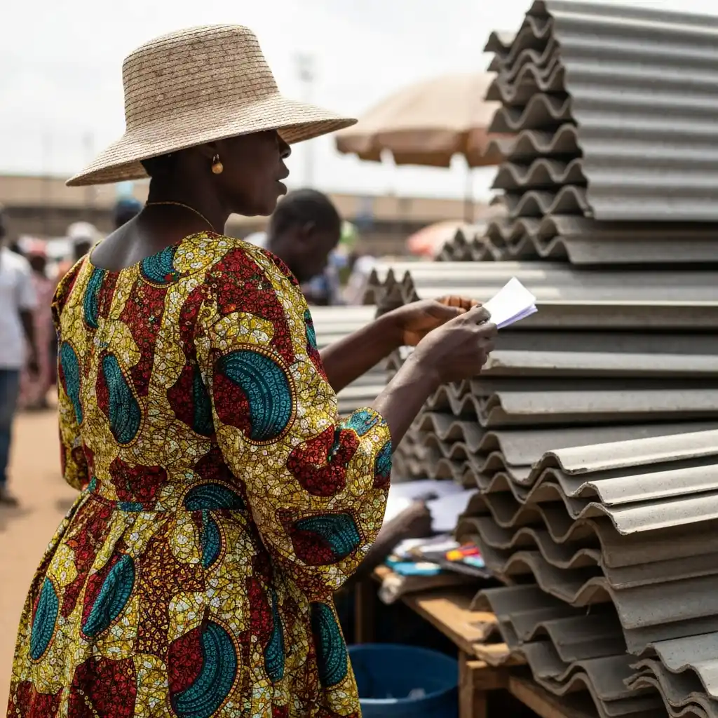 Woman buys roofing at market.
