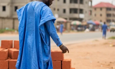 Man looks at blocks.